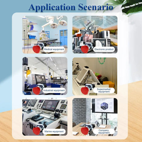 Application scenarios for Red Mushroom Emergency Stop Button Switch 22mm NC Latching 600V 10A in various industries.