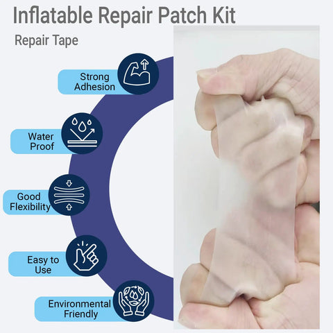 Close-up view of Heavy-Duty Pool Patch Repair Kit For Inflatables With Peel-And-Stick TPU Vinyl Waterproof Patch being stretched by hands.