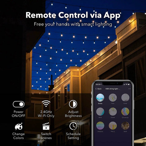 Smart Color Changing Outdoor String Lights 24ft LED Flat Wire, 2.4Ghz WiFi Enabled, app control showing light settings