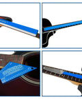 All In One Luthier Tool Kit For Guitar Setup And Fret Work Pro Fret Leveling Beam 16 Inch Fret Crowning File End Dressing File Fret Rocker And Neck Notched Straight Edge Complete DIY Guitar Maintenance Set displayed on guitar neck and body.