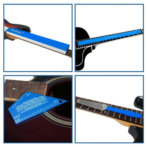 All In One Luthier Tool Kit For Guitar Setup And Fret Work Pro Fret Leveling Beam 16 Inch Fret Crowning File End Dressing File Fret Rocker And Neck Notched Straight Edge Complete DIY Guitar Maintenance Set displayed on guitar neck and body.