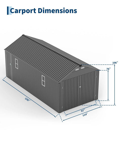 Diagram of 10x20 Foot Metal Garage Shed With Double Hinged Doors And Four Windows, Heavy Duty Carport dimensions shown