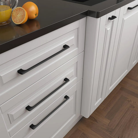 Kitchen with 15 Pack Flat Black 10 Inch Hole Center Solid Metal Cabinet Handles For Kitchen And Bathroom Drawer Pulls Durable Stainless Steel Zinc Alloy Construction Includes One Inch And One Half Inch Screws Etna Collection
