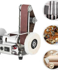 This Awesome Mini Electric Belt Sander Features 7 Speed Options And Reverse Switch For Smooth Knife Making And Diy Projects Adjustable Rpm From 4000 To 9000 With 15 Degree Inclined Design Includes Ten Sanding Belts For Effortless Grinding And Polishing. Compact electric belt sander with sanding belt for precise sharpening.