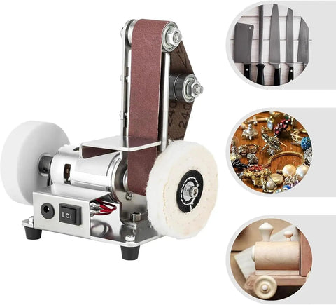 This Awesome Mini Electric Belt Sander Features 7 Speed Options And Reverse Switch For Smooth Knife Making And Diy Projects Adjustable Rpm From 4000 To 9000 With 15 Degree Inclined Design Includes Ten Sanding Belts For Effortless Grinding And Polishing. Compact electric belt sander with sanding belt for precise sharpening.