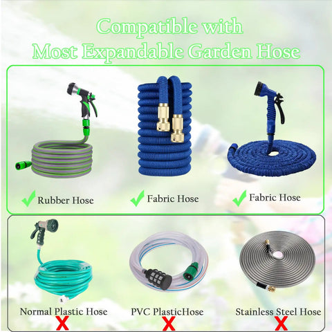 Expandable Hose Repair Kit compatible with rubber and fabric hoses, showing various hose types including plastic and stainless steel