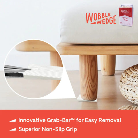 Wobble Wedges 300 Pack Flexible Plastic Shims for Leveling Furniture, shown under table leg for stability, USA made