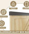 Close-up of wooden door with aluminum alloy box rail, showing features of the 8 Ft Barn Door Sliding Hardware Track Kit Built Tough.