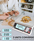 Go To High Precision 30 Kg Digital Counting Scale With 0.5 g Readout showing jewelry and LCD screen displaying 3-unit conversion.