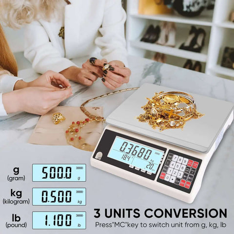 Go To High Precision 30 Kg Digital Counting Scale With 0.5 g Readout showing jewelry and LCD screen displaying 3-unit conversion.