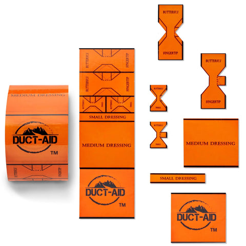Front view of orange Duct-Aid compact first aid kit with dressing labels and logo