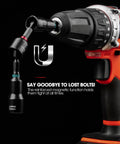 Magnetic Impact Nut Driver Set For Pros with drill attachment, 12mm socket, shows magnetic hold, 55 Piece SAE And Metric Kit