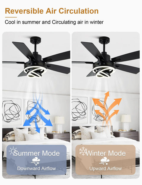 Smooth Operator 52 Inch Black Modern Chandelier Ceiling Fan Featuring Smart App Control And Barn Wood Blades in summer and winter modes.