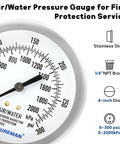 Air/Water pressure gauge with stainless steel body, 4-inch dial, 0-300 psi for fire protection service