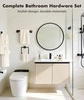 Matte Black 5 Piece Bathroom Hardware Set Made Of SUS304 Stainless Steel includes towel bar, towel ring, toilet paper holder, hooks