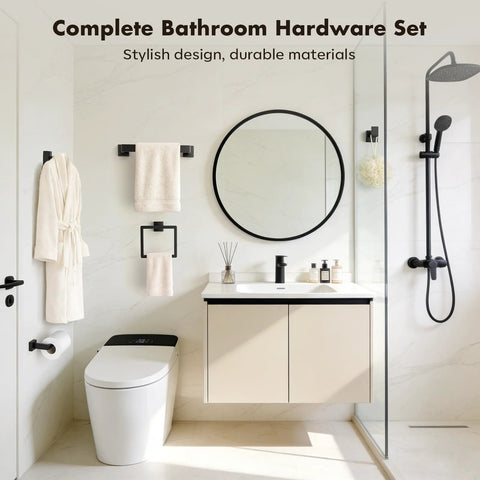 Matte Black 5 Piece Bathroom Hardware Set Made Of SUS304 Stainless Steel includes towel bar, towel ring, toilet paper holder, hooks