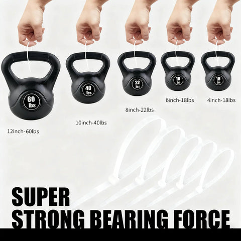 Self Locking Nylon Cable Ties Set With 600 Pieces In 4 6 8 10 12 Inch Assorted Sizes Grab And Go Ready For Heavy Duty Multi Purpose Wire Management For Home Garden Office Travel And Workshop. Kettlebells demonstrate tie strength.