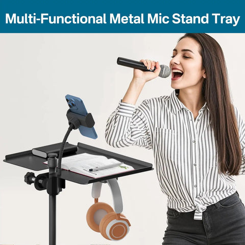 Metal Microphone Stand Tray With Clamp On Shelf And Phone Holder in use during karaoke, showing large 11.7 by 7.8 inches tray