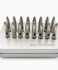 22LR Steel Safety Practice Rounds Action Trainer Dummy Rounds For Dry Fire Training Snap Caps 16 Pack CNC Machined displayed on a case