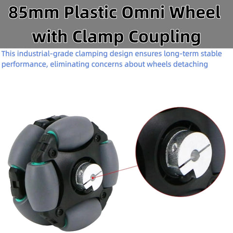 85mm plastic omni wheel with rubber rollers for robot wheels; front view shows clamp coupling and 5mm shaft