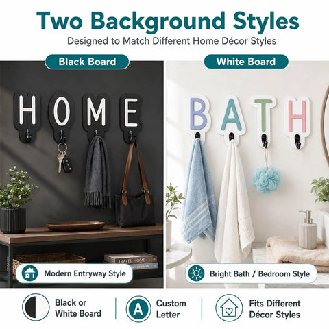 Hella Slick Personalized Wooden Wall Hook With Custom Letter Design For Super Kickass Towel Organization In Your Bathroom Bedroom Or Entryway Plus Fresh White Finish on black and white boards.