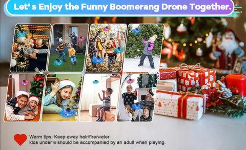 Toss And Fly Spinner Drone With 360 Degree Tricks, LED Lights And Boomerang Return No Controller Needed showing holiday fun