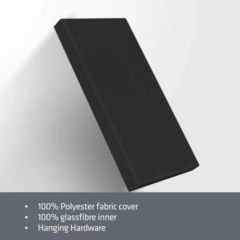Heavy Hitter Four Pack Acoustic Panels Two Inch Thick Soundproof Fiberglass Wall Tiles with fabric cover and hanging hardware.