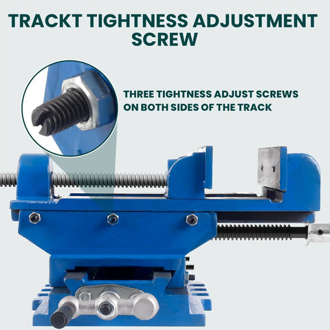 Heavy Duty Cross Slide Drill Press Vise With Six Inch Max Jaw Opening showing track tightness adjustment screw detail.