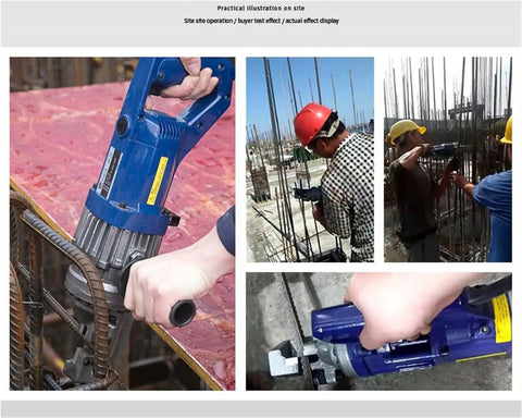 AOXHUGB Handheld Hydraulic Rebar Bender And Cutter Electric Shearing Machine in use cutting rebar on construction site.