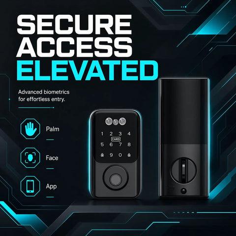 No Fuss Real Deal Top Tier Slick Palm Vein And 3D Facial Recognition Smart Lock For Keyless Entry Automatic Deadbolt With Six In One Options For Home Or Office Black Finish control panel with palm and face scan options.