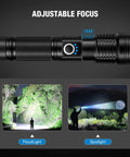 Rechargeable 90000 Lumen Flashlights Two Pack With 5 Light Modes showing adjustable focus, floodlight, and spotlight capabilities