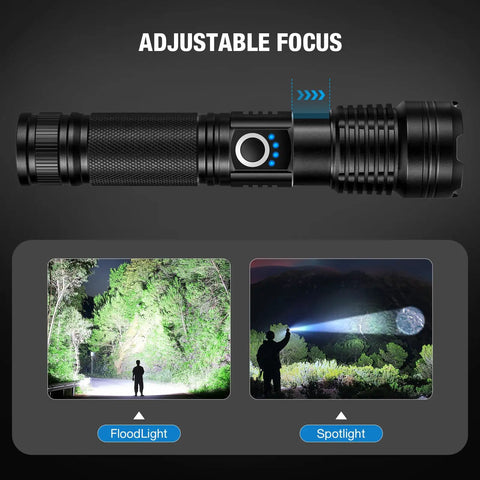 Rechargeable 90000 Lumen Flashlights Two Pack With 5 Light Modes showing adjustable focus, floodlight, and spotlight capabilities
