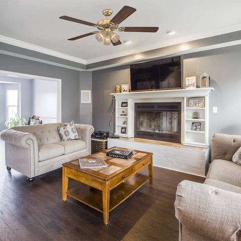 Living room with 52 Inch Vintage Indoor Ceiling Fan With Dimmable LED Light And Clear Ribbed Glass, Polished Brass Finish