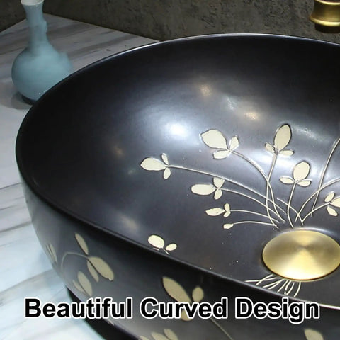 Ceramic Vintage Bathroom Vessel Sink, Handcrafted Art Countertop Vanity Basin for Home, B&B and Club Bathroom Decor (Small) close-up view of curved design.
