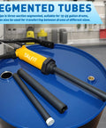 Front view of TALFIT lever-action drum pump mounted on a blue 55-gallon drum with three extension tubes.