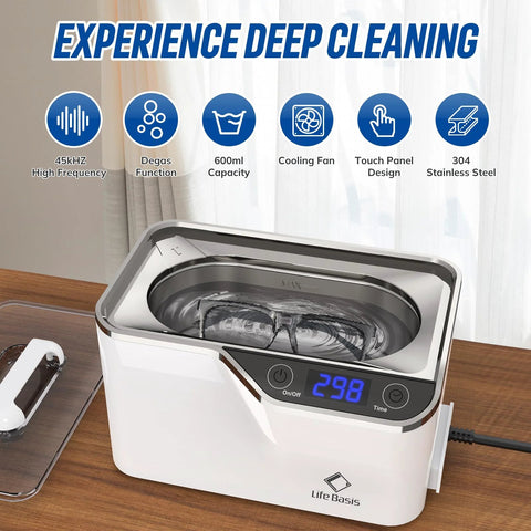Life Basis ultrasonic jewelry cleaner, white desktop unit with stainless steel cleaning basin and digital timer display.