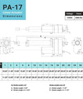 Diagram of PA-17 Linear Actuator with dimensions for 12V High Force Linear Actuator Workhorse With 10 Inch Stroke 2000 Lbs Thrust