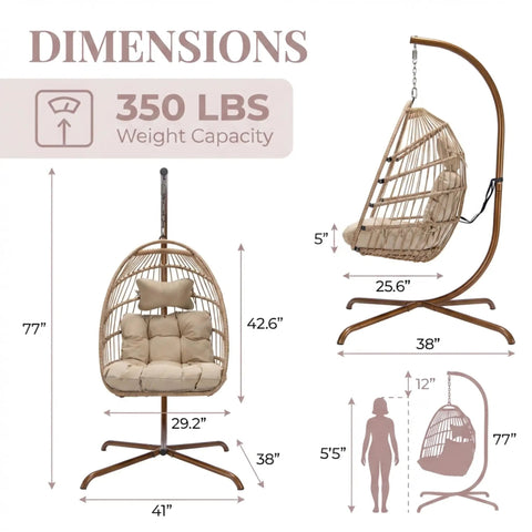 Dimensions of Hanging Egg Chair With Stand For Patio And Garden, Boho Wicker Swing Seat With Cozy Tufted Cushion, Beige