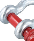 Close-up of Two Pack 1 Inch D Ring Shackles Heavy Duty Bow Shackles With Screw Pin Eight And A Half Ton Working Load Limit Tow Shackles For Towing Rigging Winch Recovery For Tough Jobs showing red screw pin and silver finish.