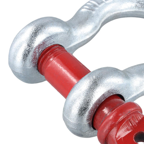 Close-up of Two Pack 1 Inch D Ring Shackles Heavy Duty Bow Shackles With Screw Pin Eight And A Half Ton Working Load Limit Tow Shackles For Towing Rigging Winch Recovery For Tough Jobs showing red screw pin and silver finish.