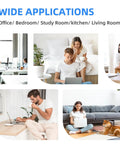 Collage showing people using the oscillating table fan with quiet operation in various rooms like office, bedroom, and kitchen