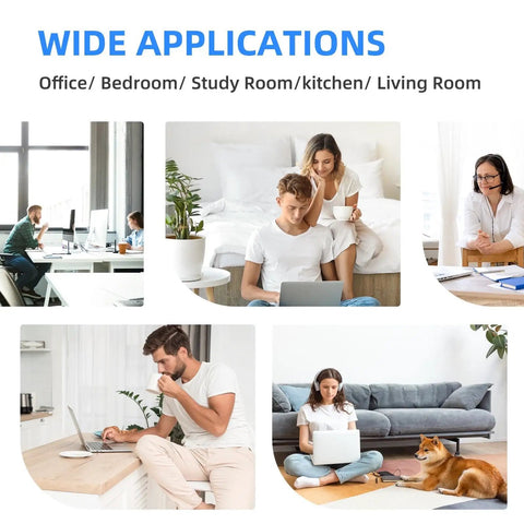 Collage showing people using the oscillating table fan with quiet operation in various rooms like office, bedroom, and kitchen
