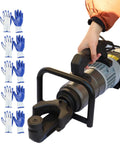 Powerful 1800W Electric Rebar Cutter And Hydraulic Steel Bender held in hand, with blue and white gloves in background.