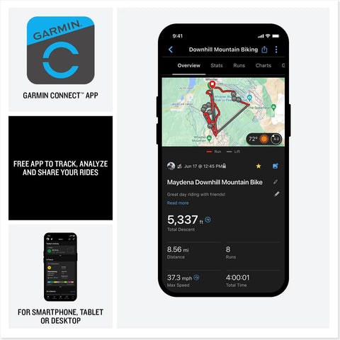 Rugged Mountain Bike GPS Computer With Preloaded Full Color Trail Maps And Advanced Performance Tracking shown on smartphone app