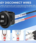 Close-up of a Round 12V Rocker Switch On Off SPST 2 Pin DC Power Toggle Button showing easy disconnect wires
