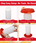 4-step setup instructions for Automatic Chick Feeder And Waterer Set No Waste Brooder Kit For Baby Chicks Ducks And Quail Includes One Liter Drink Dispenser.