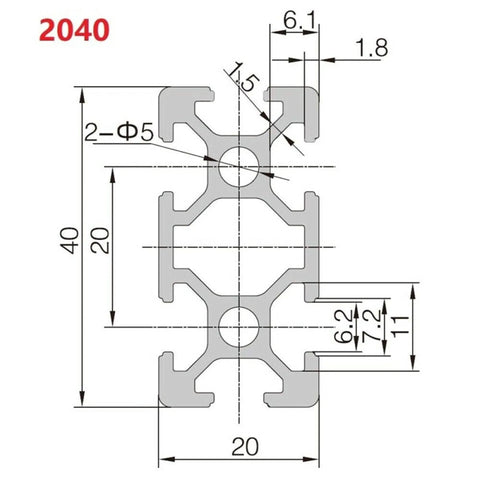 European 2040 Aluminum Extrusion T Slot Profile dimensions drawing with measurements for 800 mm Linear Rail Kit.