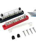 Double Row 150 Amp Bus Bar Power Distribution Block 12 To 48 Volt Built Like A Tank Nylon Housing with stainless steel terminals and mounting screws.