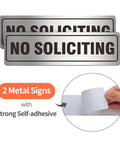 Two Pack Metal No Soliciting Signs For Home And Office Doors Self Adhesive Weather Resistant Aluminum 7 By 2 Inches Durable Silver Finish