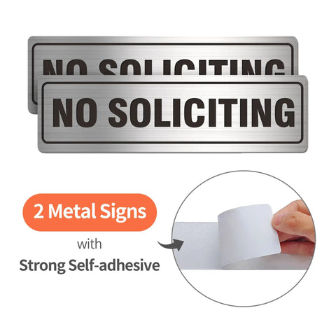 Two Pack Metal No Soliciting Signs For Home And Office Doors Self Adhesive Weather Resistant Aluminum 7 By 2 Inches Durable Silver Finish